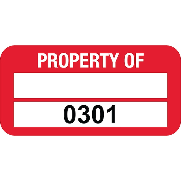 Lustre-Cal PROPERTY OF Label, Polyester Dark Red 1.50in x 0.75in 1 Blank Pad & Serialized 0301-0400, 100PK 253772Pe2Rd0301 - main